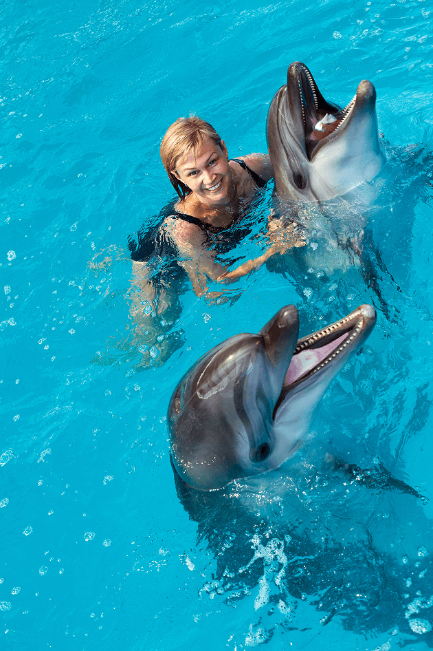 Happy woman enjoys interaction with two playful dolphins in blue water.