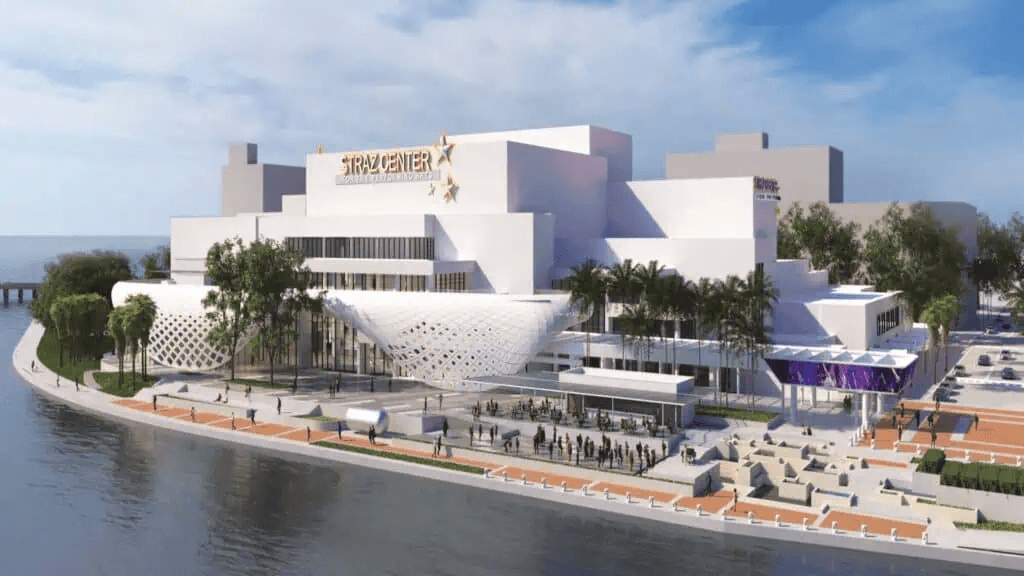 Rendering of Straz Center Expansion on waterfront showing modern performing arts center with architectural detail overlooking Tampa Bay