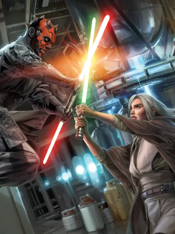 Darth Maul and Darsha Assant in a lightsaber duel.