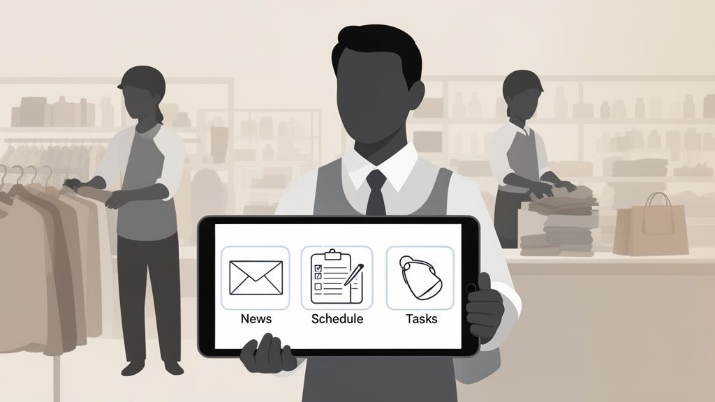 Three retail employees working, one holding a tablet with News, Schedule, and Tasks app icons.