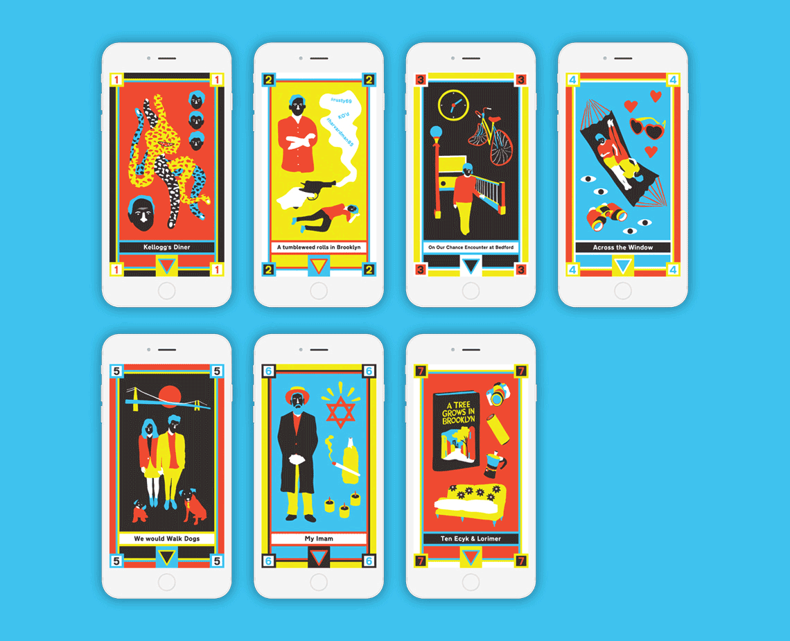 Six smartphones display colorful tarot card illustrations against a bright blue background. Each card features unique artwork and text, including “Kellogg’s Diner,” “A Tumbleweed Rolls in Brooklyn,” “On Our Chance Encounter at Before,” “Across the Window,” “We Would Walk Dogs,” “My Imam,” and “Teen Ecx & Lorimer.” The phones are arranged in a grid, with each card showing a distinct scene and number.