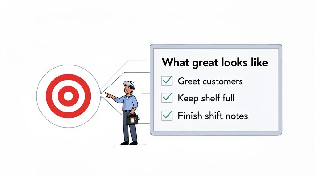 A cartoon person points from a bullseye target to a whiteboard titled 'What great looks like', listing performance tasks.