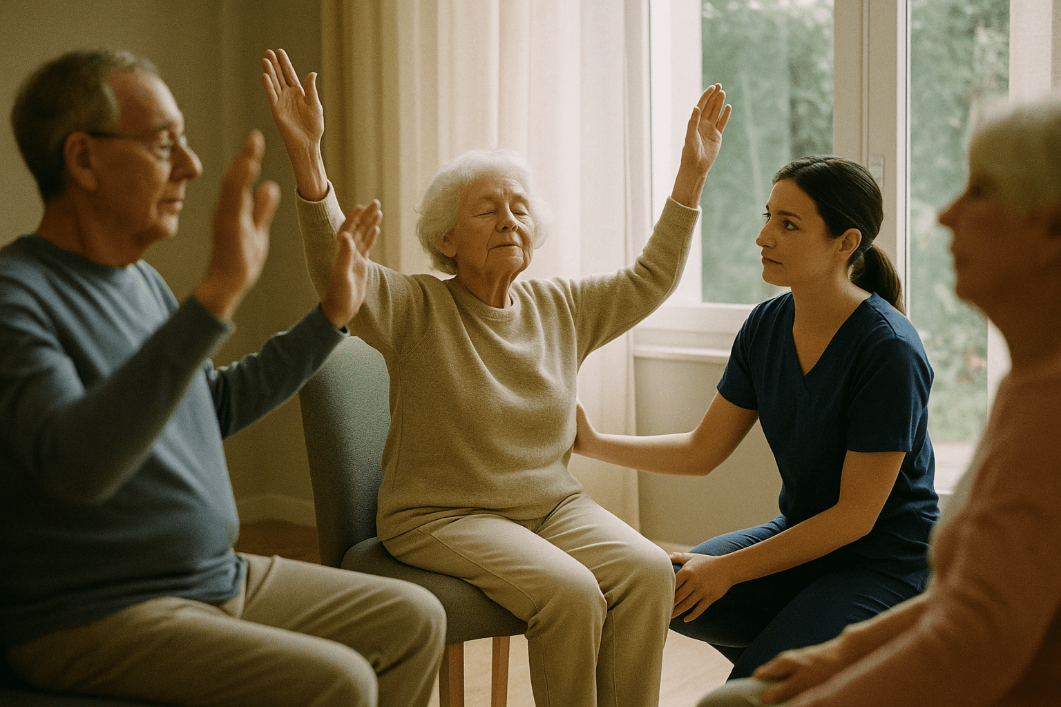 An older woman does gentle seated exercises in a calm, sunlit room while a caregiver kneels beside her offering quiet support.