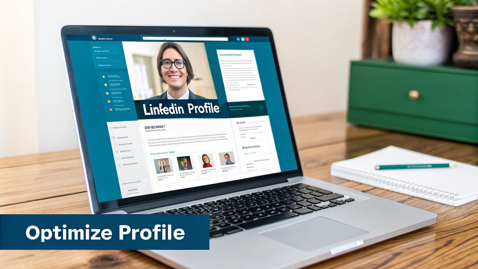 Laptop displaying an optimized LinkedIn profile, featuring a smiling person and professional text.
