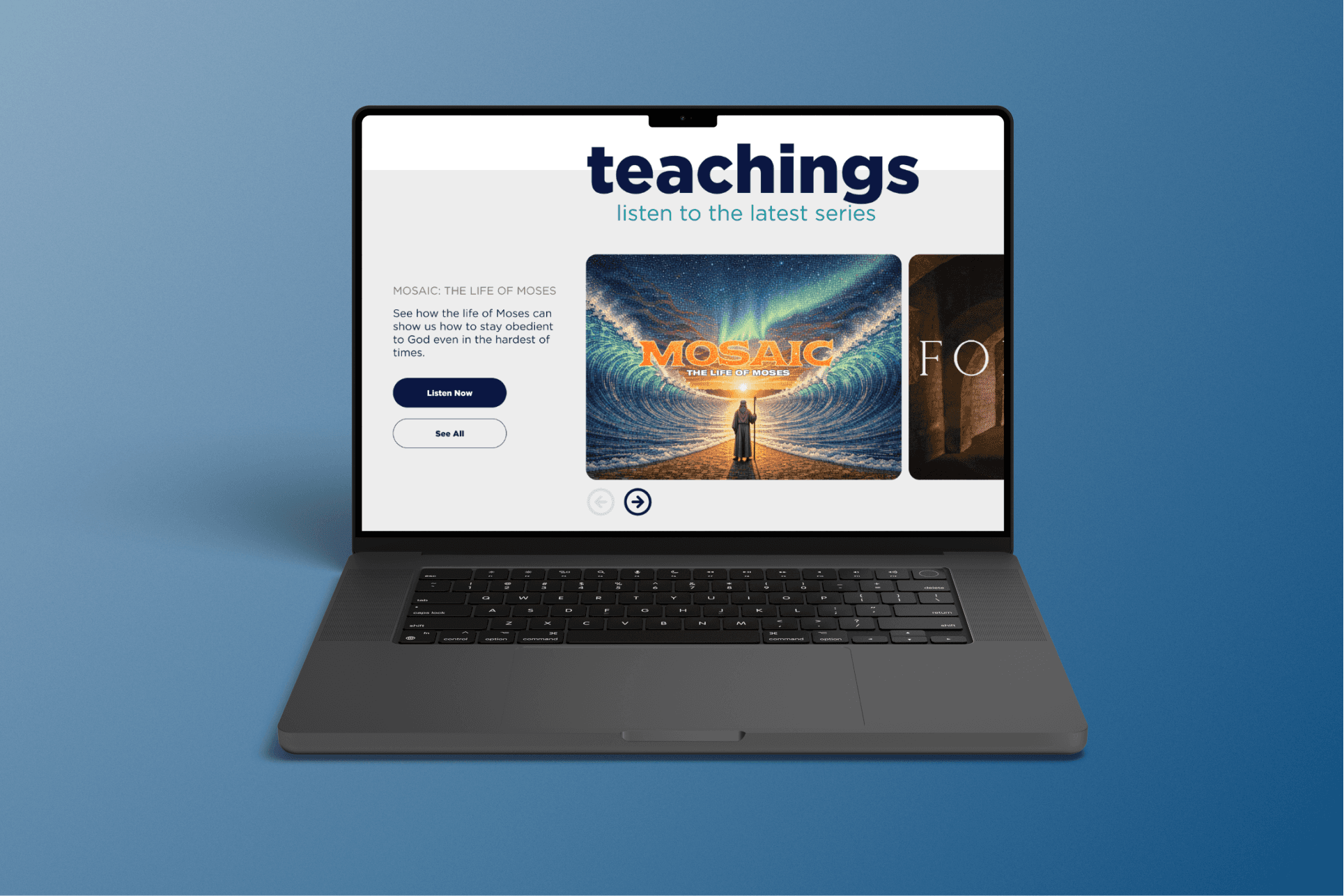 Teachings layout that makes content easy to browse and lowers friction to start watching.