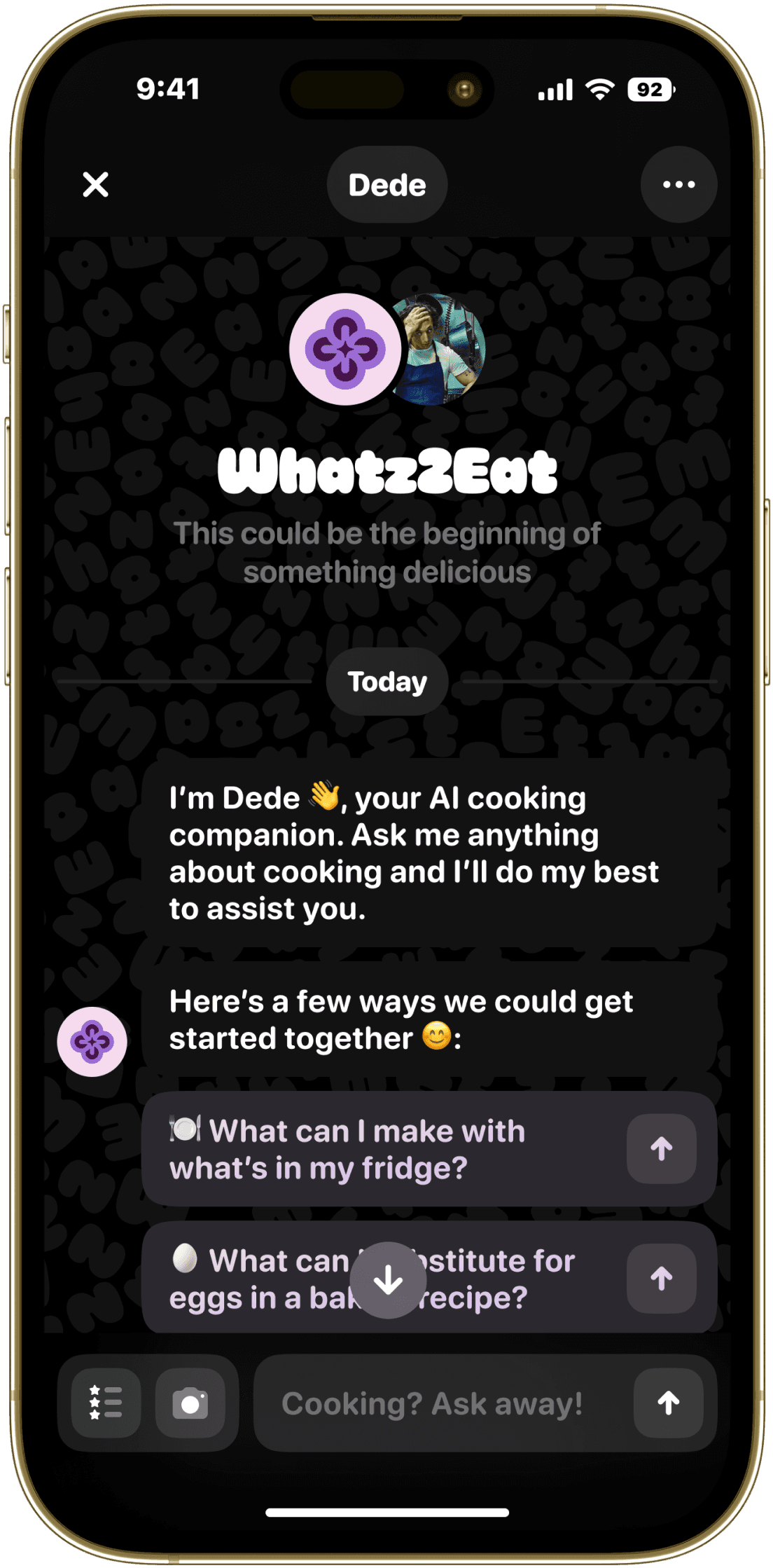 whatz2eat text-a-chef screenshot iphone 14 pro gold