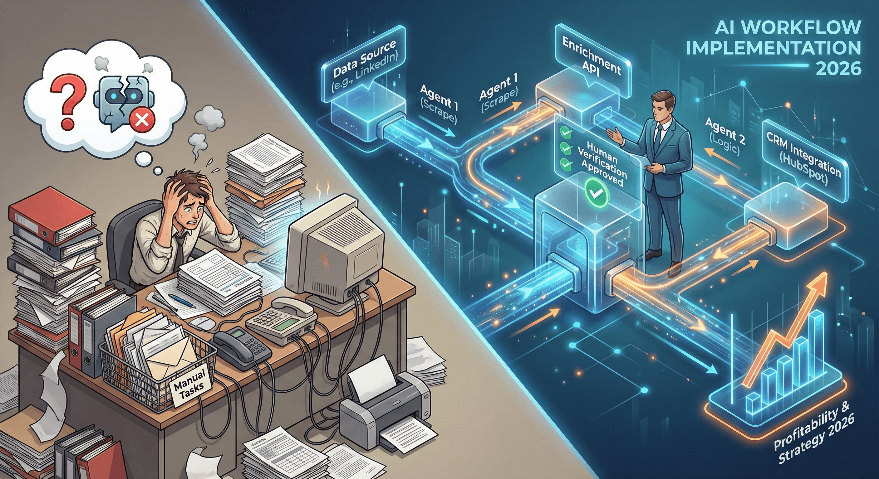 Infographic contrasting stressful, chaotic manual tasks and paperwork with a streamlined 'AI Workflow Implementation 2026' diagram showing automated data scraping, CRM integration, and profitability growth.