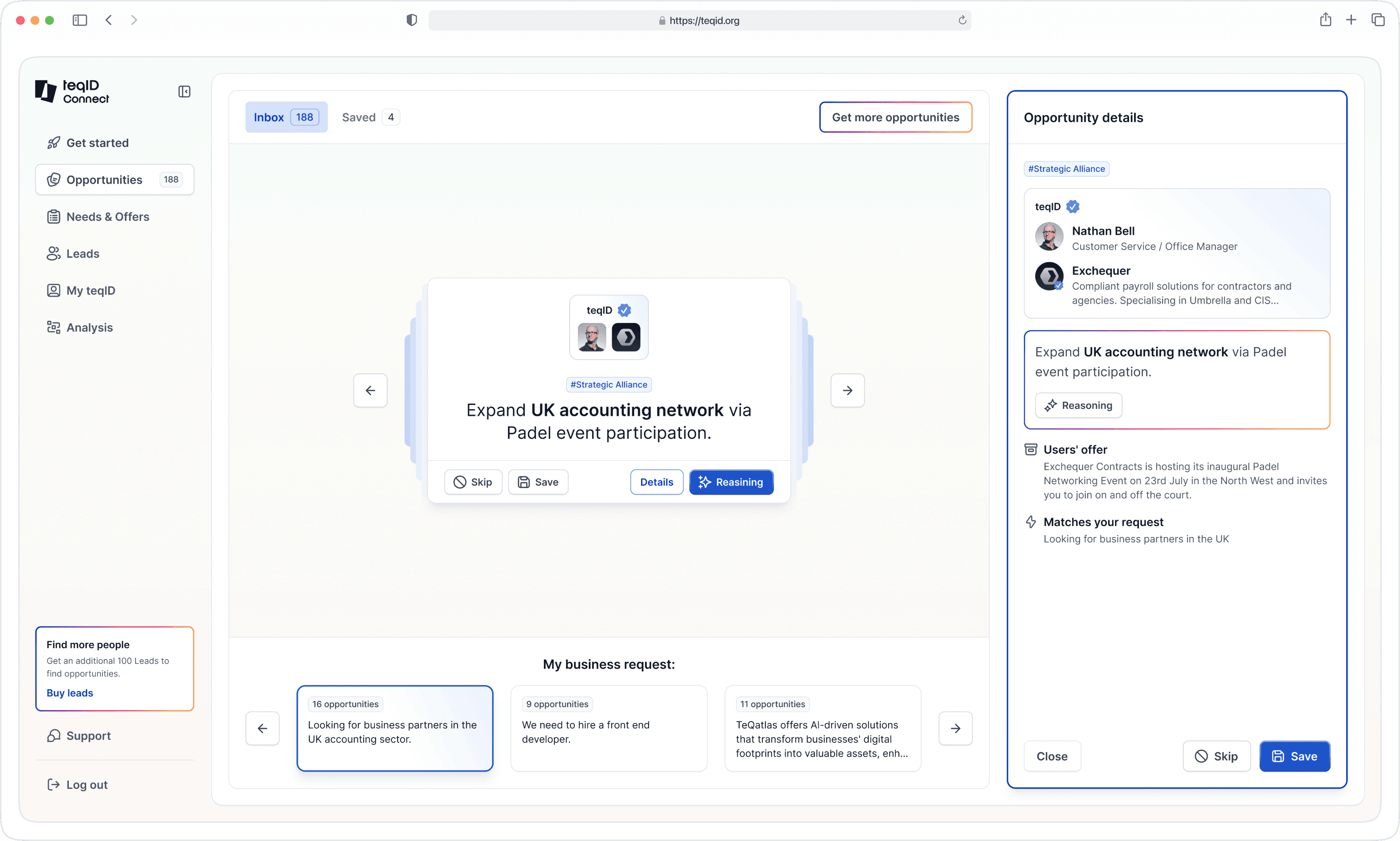 Discover verified leads 5x faster. TeqID Connect is an AI-powered engine that matches your business with ideal clients and partners - no manual search needed.