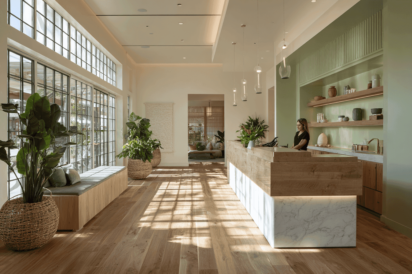 Bright modern spa reception area, illustrating how strong local SEO spa strategies can attract more nearby clients in 2025.