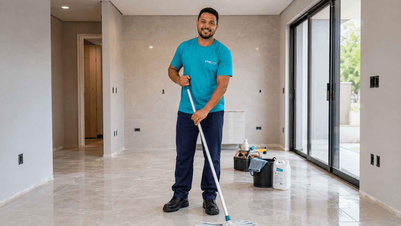 Profissional uniformizado limpando o piso de um ambiente residencial