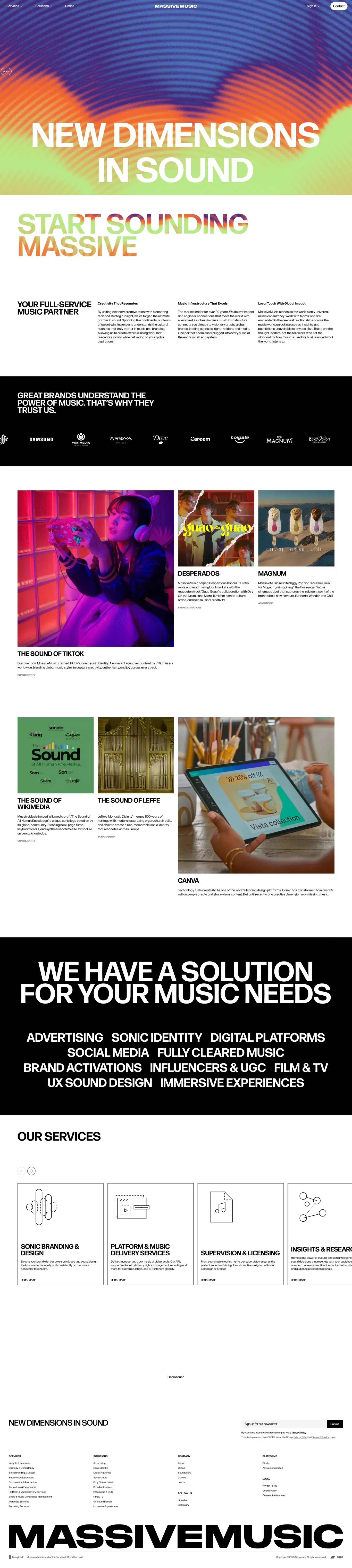 Sonic Branding, Licensing & Tech Solutio landing page screenshot showcasing Music design