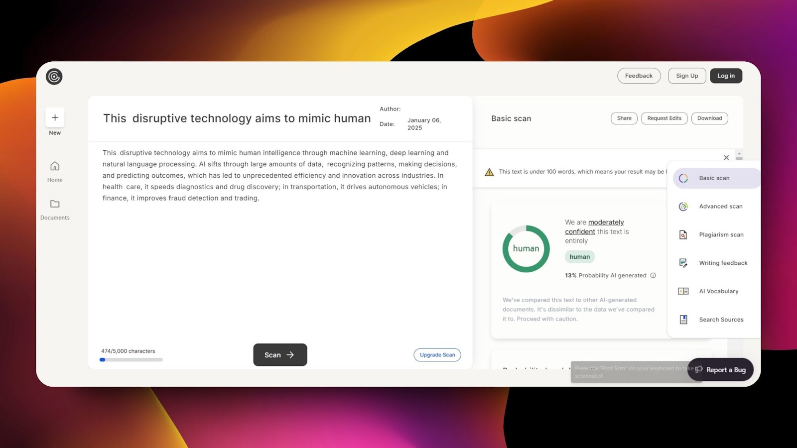 Screenshot of GPT Zero interface analyzing text with 13% AI probability, showing a basic scan summary, human classification confidence, and scan options.