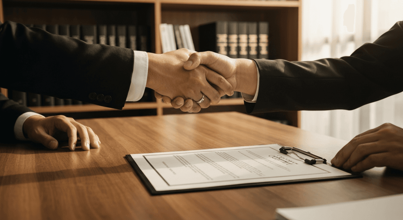 Hands exchanging signed contract