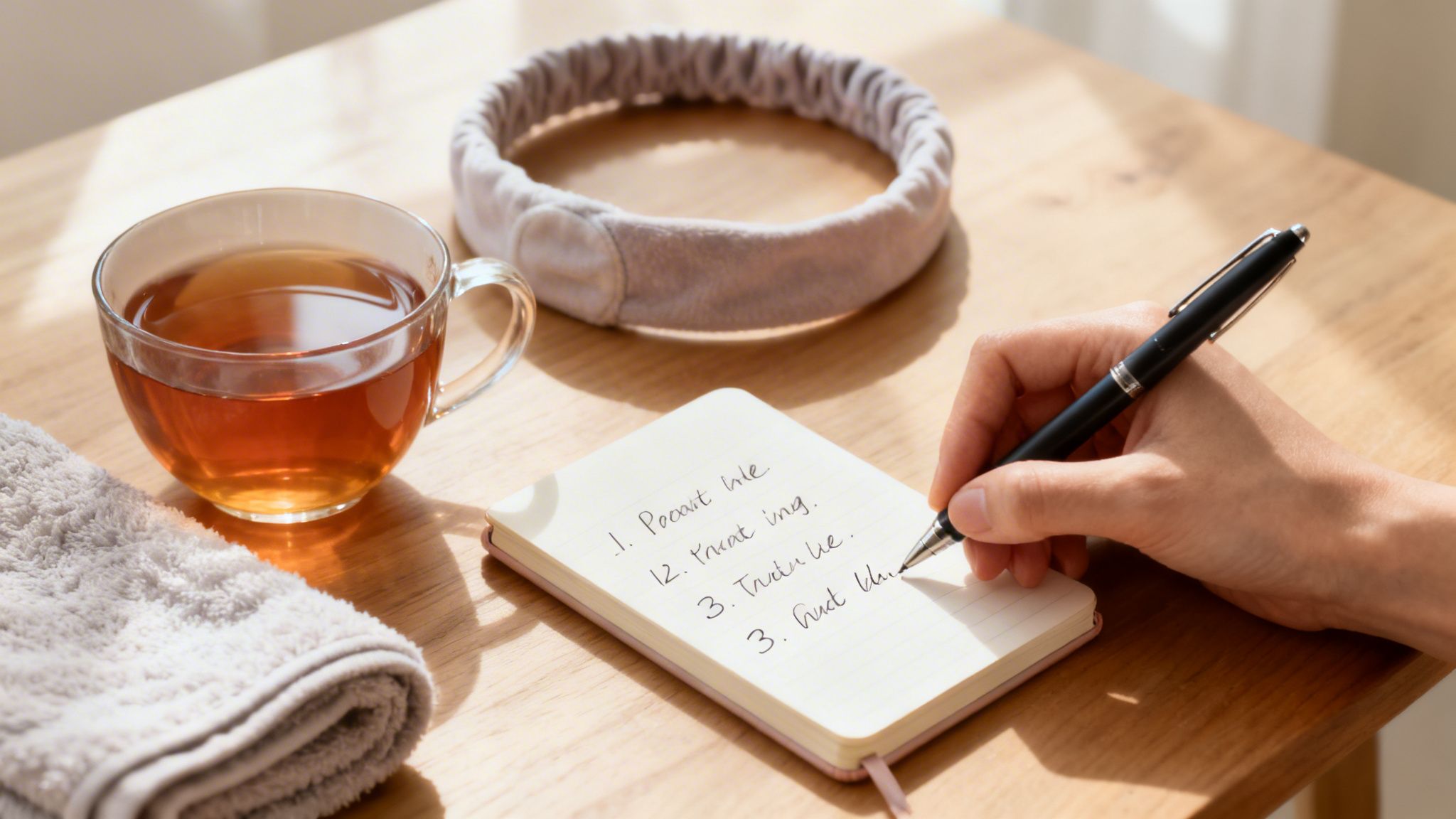 A person writes a to-do list in a notebook with a pen, next to a cup of tea and a towel.