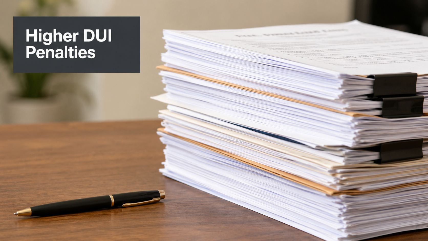 A stack of legal documents and a pen on a wooden desk representing higher DUI penalties.