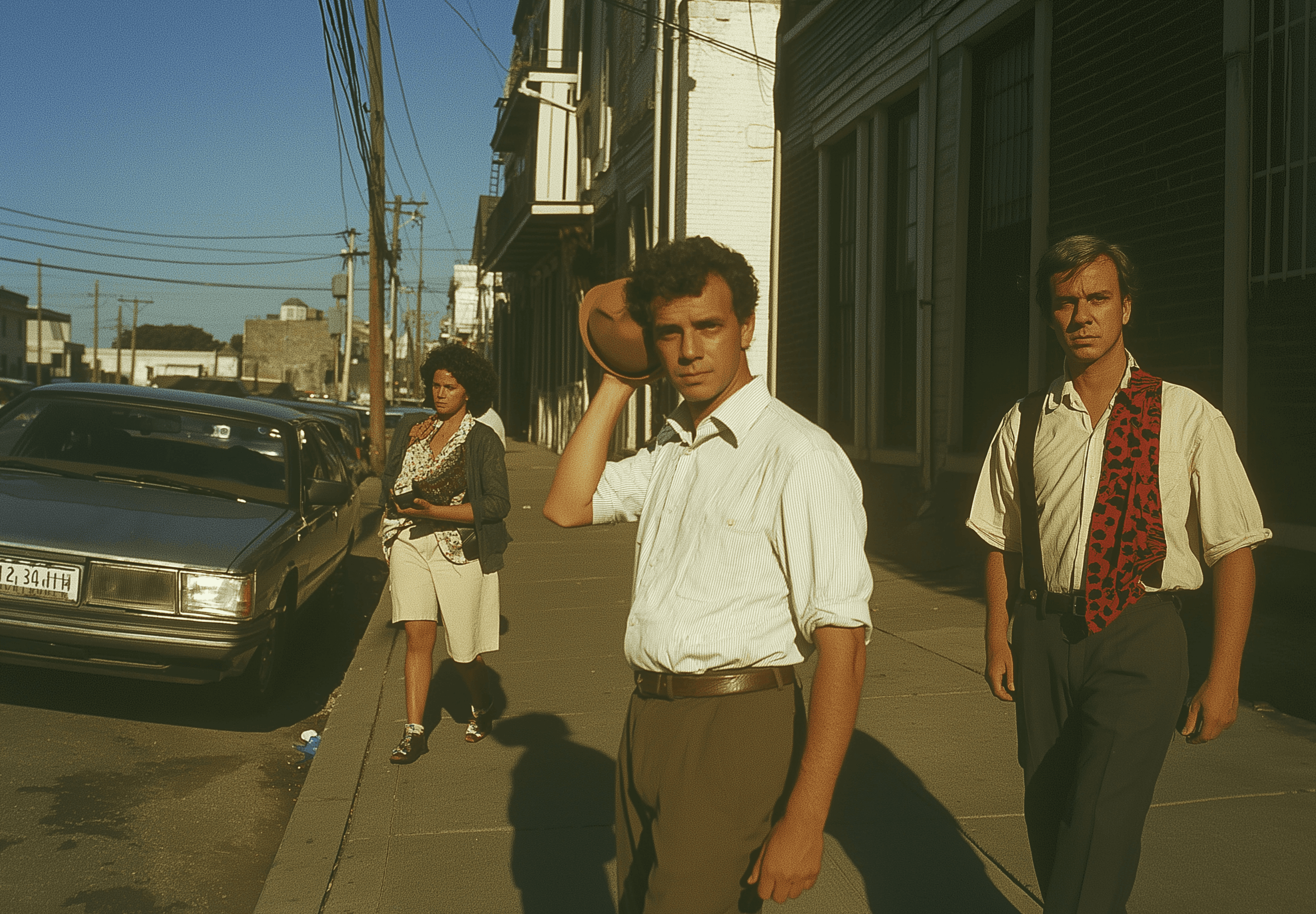 A photograph in the style of Stephen Shore of an urban street scene in New Orleans, with three people on the sidewalk wearing casual attire and one person holding his hat to shield from the direct sunlight. The man is dressed as Paul Lehmann.