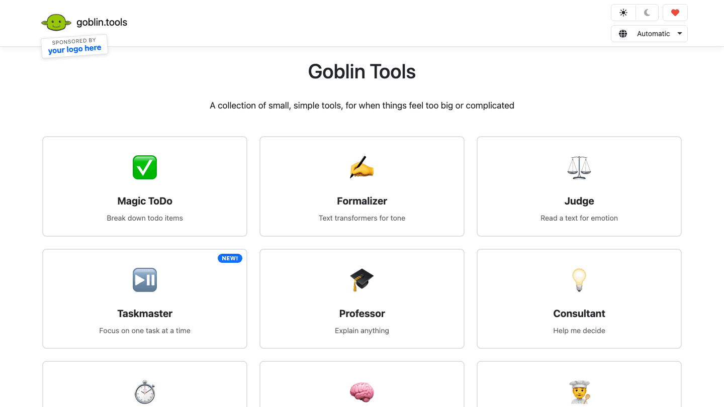 Goblin Tools homepage showing all AI tools