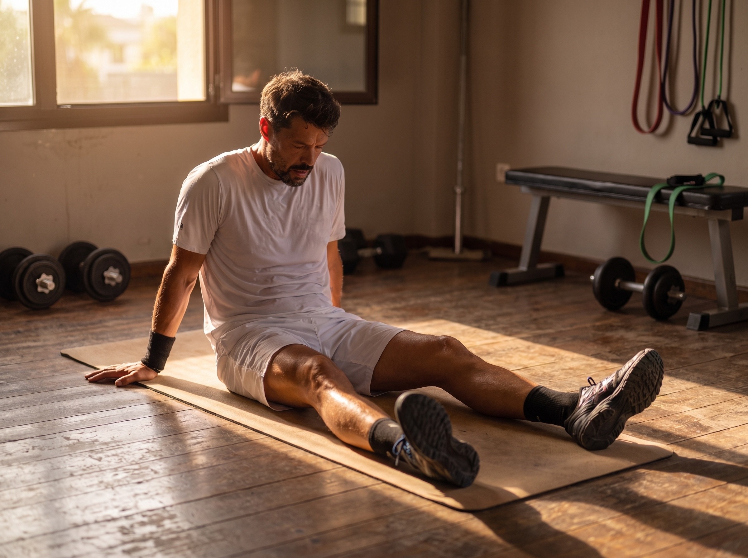 Person in warmem Licht kurz nach dem Krafttraining, ruhiger Moment der Regeneration