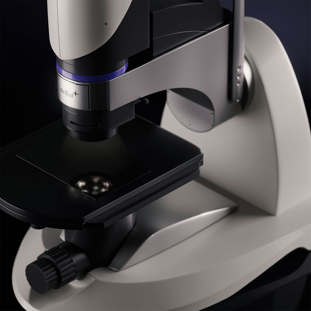 Fotorealistisches 3D-Rendering eines Digitalmikroskops mit metallischem Gehäuse und dramatischer Lichtsetzung auf dunklem Hintergrund