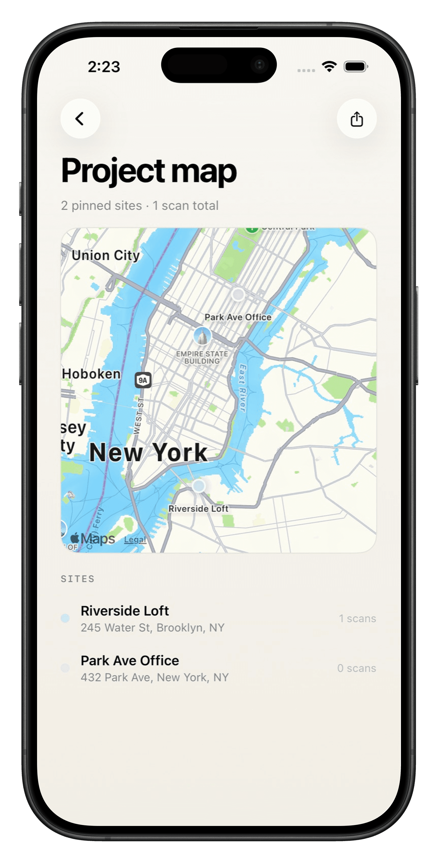 Project map with pinned sites