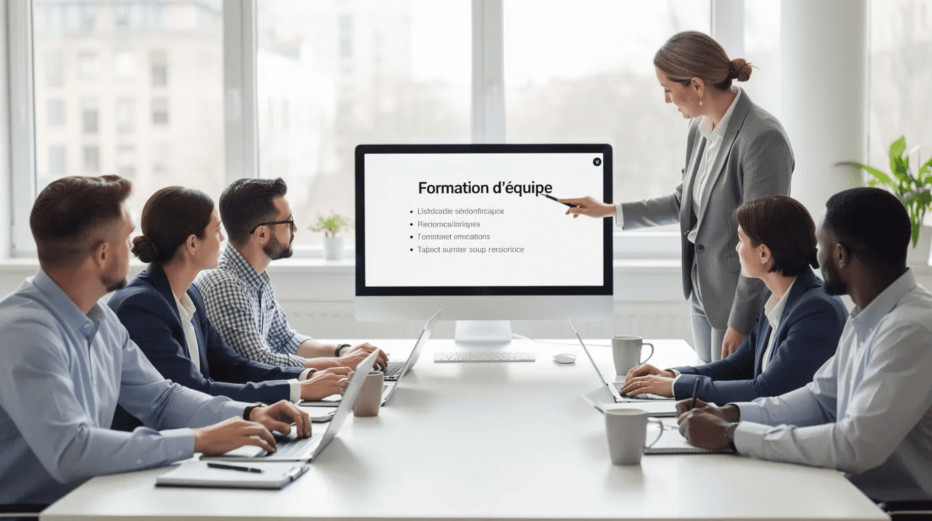 Une équipe de travail est réunie autour d'un écran d'ordinateur, participant à une formation sur un logiciel de gestion de la relation client (CRM). Les membres échangent des idées pour améliorer le service client et optimiser les processus de vente au sein de leur entreprise.
