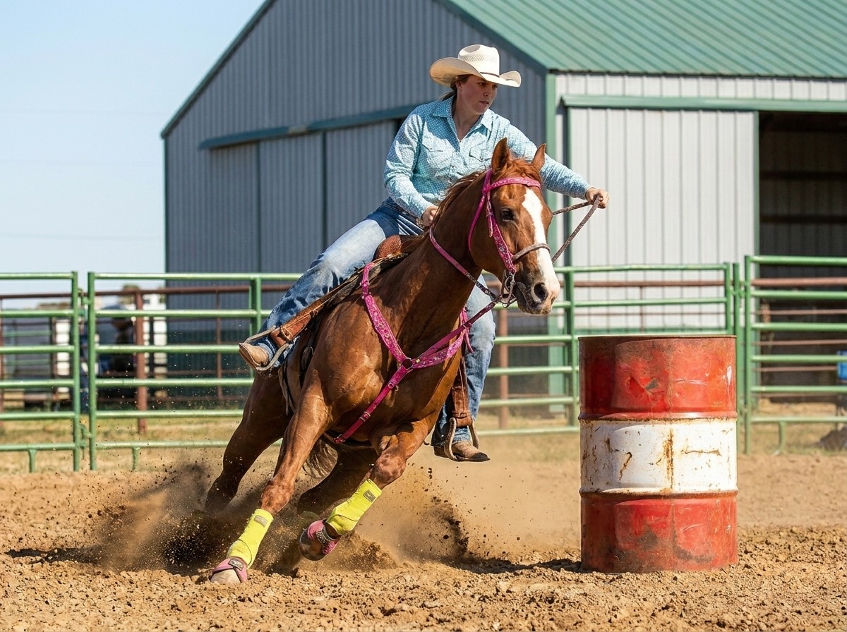 Kobieta na gniadym koniu uprawiająca konkurencję barrel racing