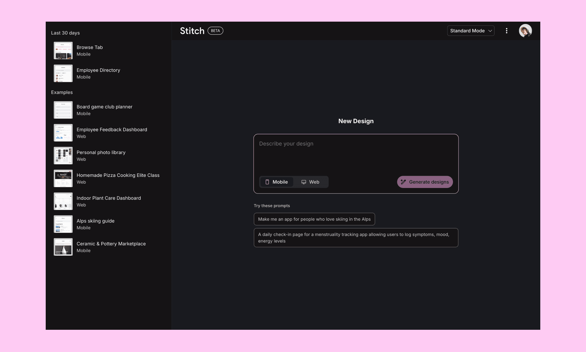 Google Stitch prototyping canvas