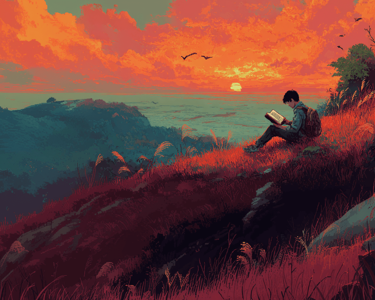 Person reading a book in landscape