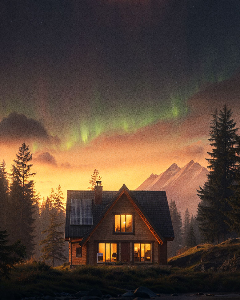 Northern lights over a solar powered home