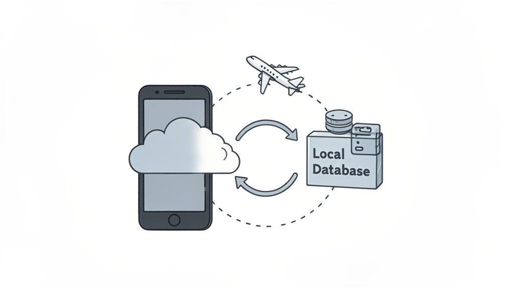 Mobile phone with cloud icon synchronizing data with a local database, featuring an airplane.
