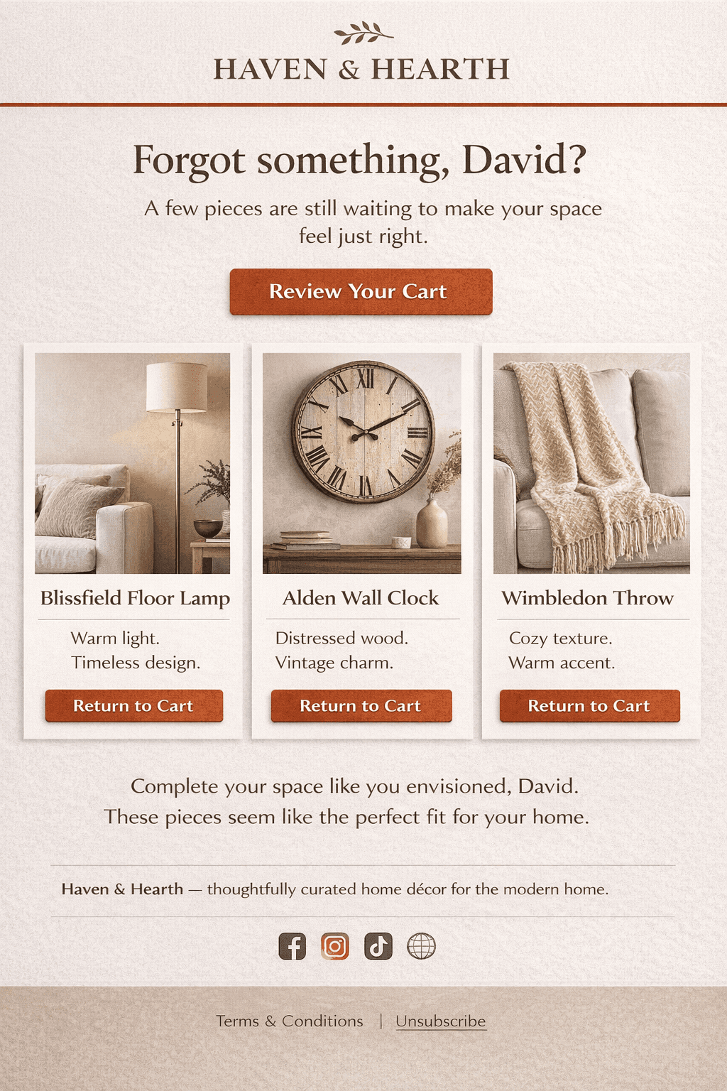 Abandoned cart recovery email example of a home decor store