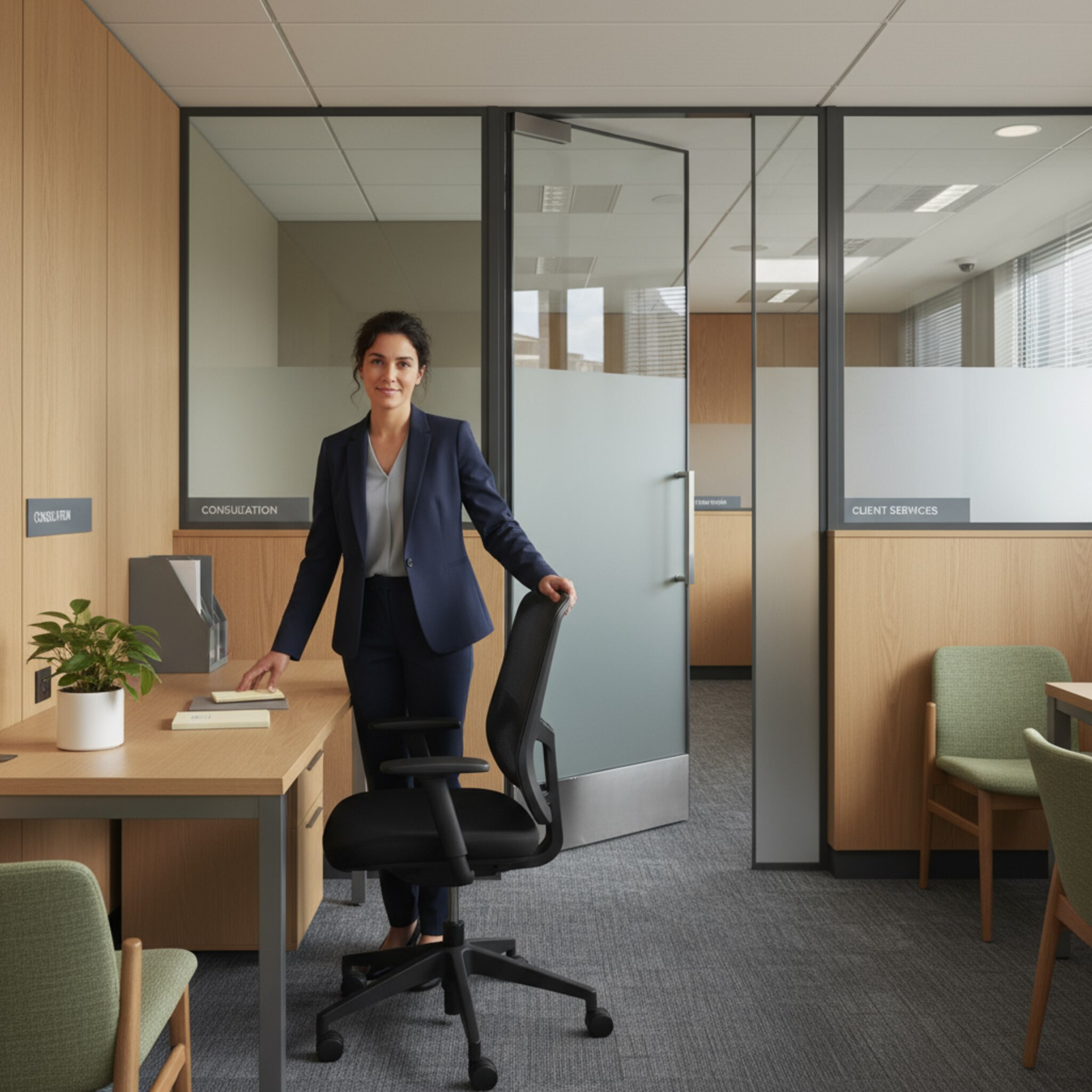 Ein freundlicher Filialbereich mit Beratungszonen, Glaswänden und hellen Holzakzenten. Ein Berater richtet einen ergonomischen Stuhl an einem cleanen Platz aus und ordnet Notizblöcke. In der Ferne öffnet sich eine Tür zum Teamraum. Die Szene vermittelt Ruhe, Diskretion und Verlässlichkeit. Gedämpfte Farben und geordnete Flächen geben Orientierung.