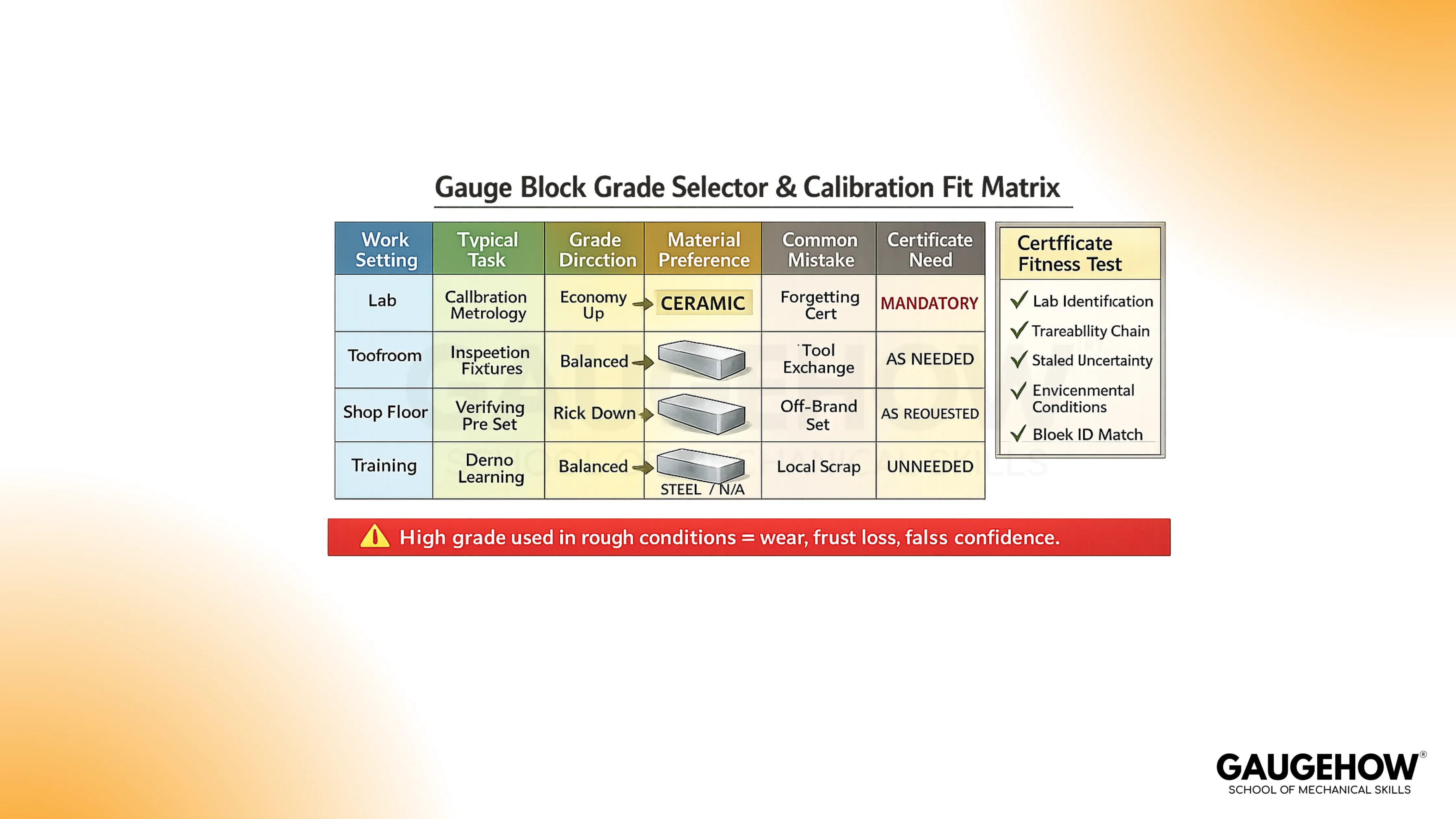 Gauge block grade selector and calibration fit matrix