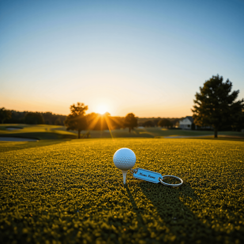 product photography of golf name tag with a key ring