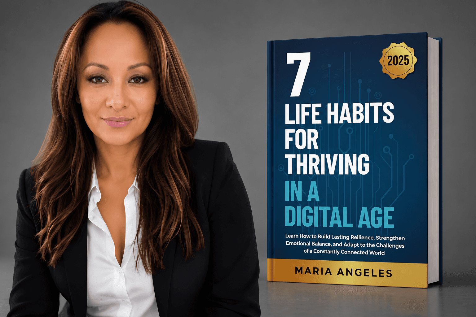 Maria Angeles beside her book 7 Life Habits for Thriving in a Digital Age.