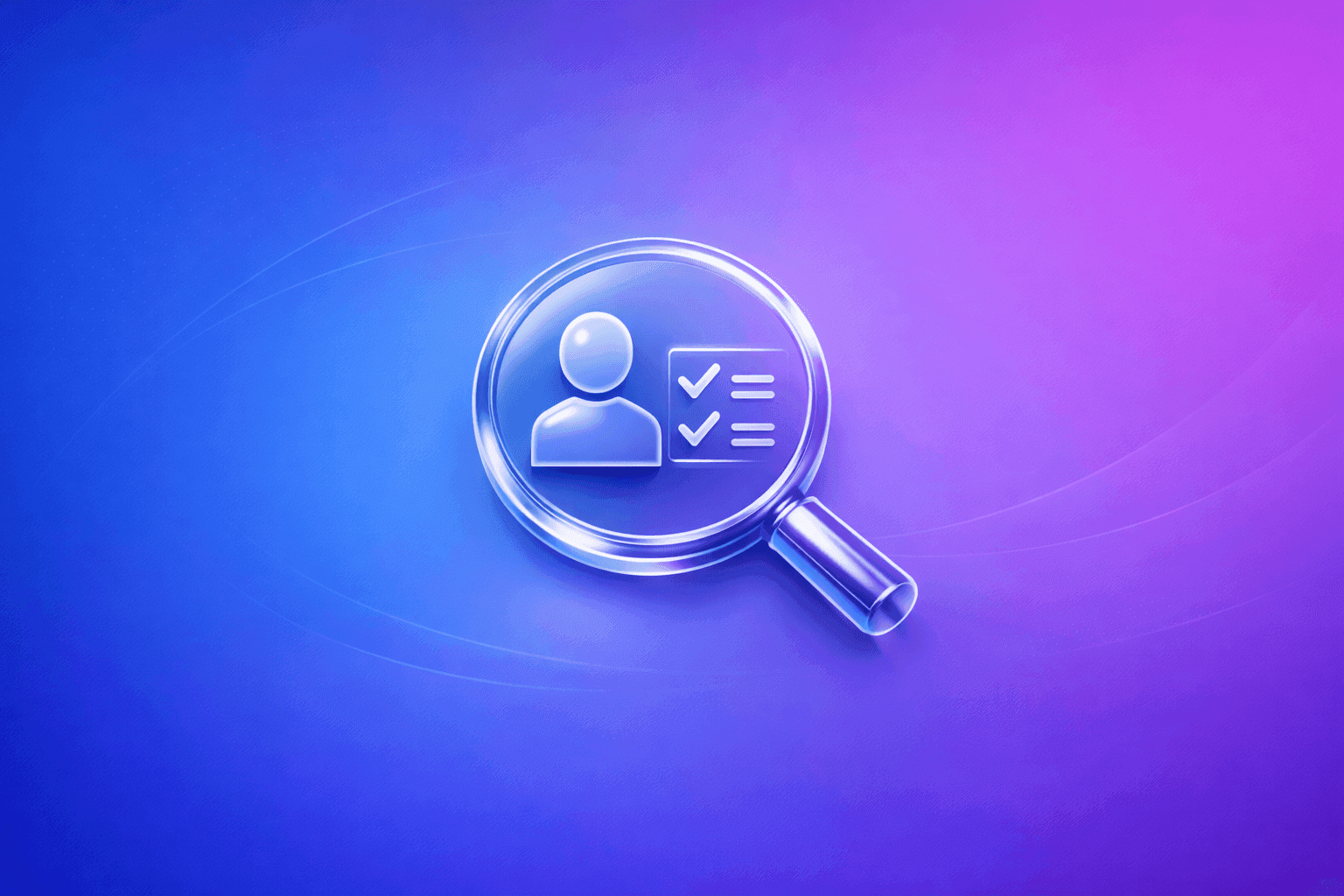 Customer screening fintech illustration with magnifying glass icon on blue to purple gradient background, representing AML compliance, real-time risk assessment, and identity verification for financial institutions.