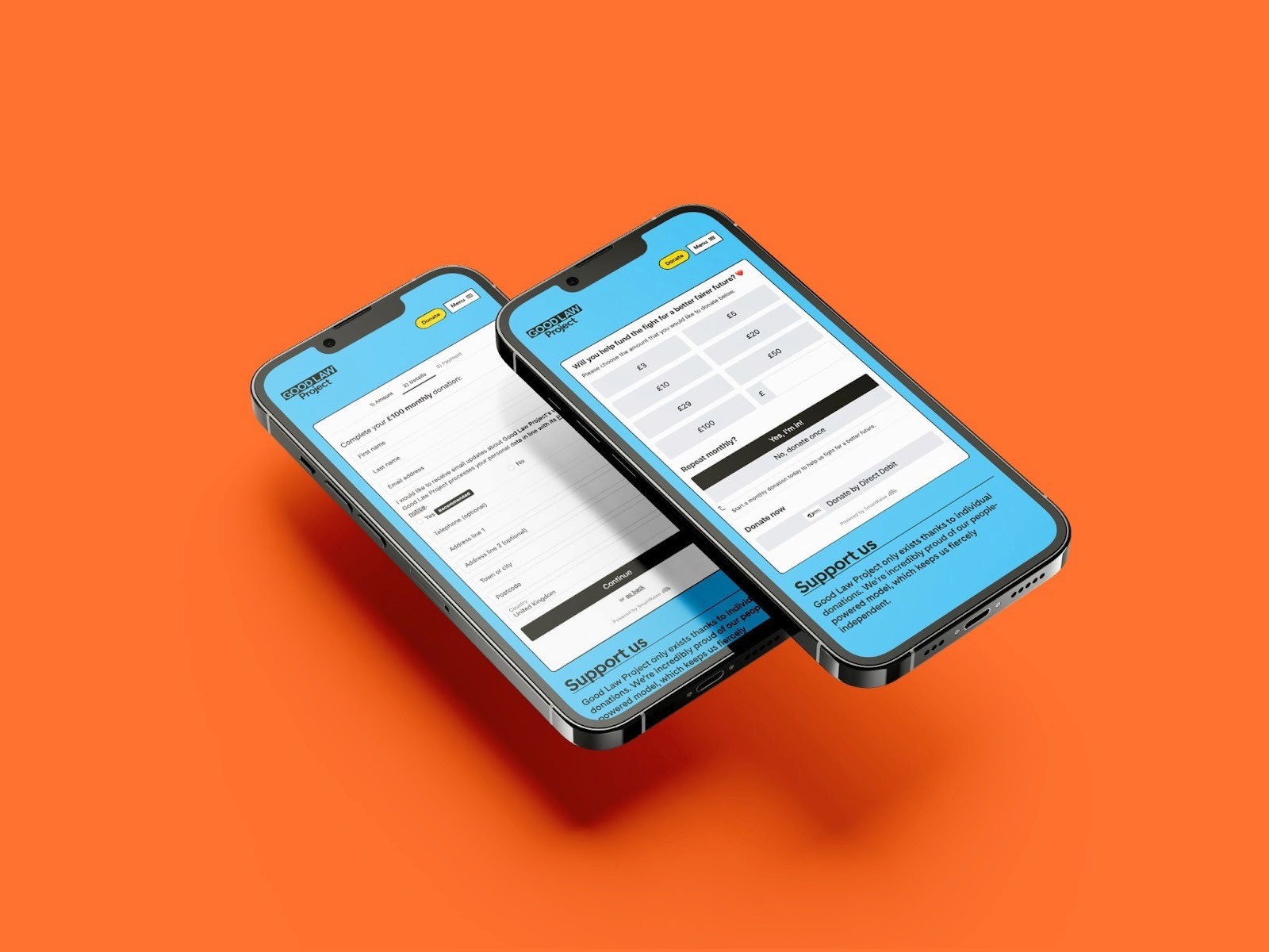 Two smartphones displaying SmartRaise example donation forms with Mollie powered payments. 