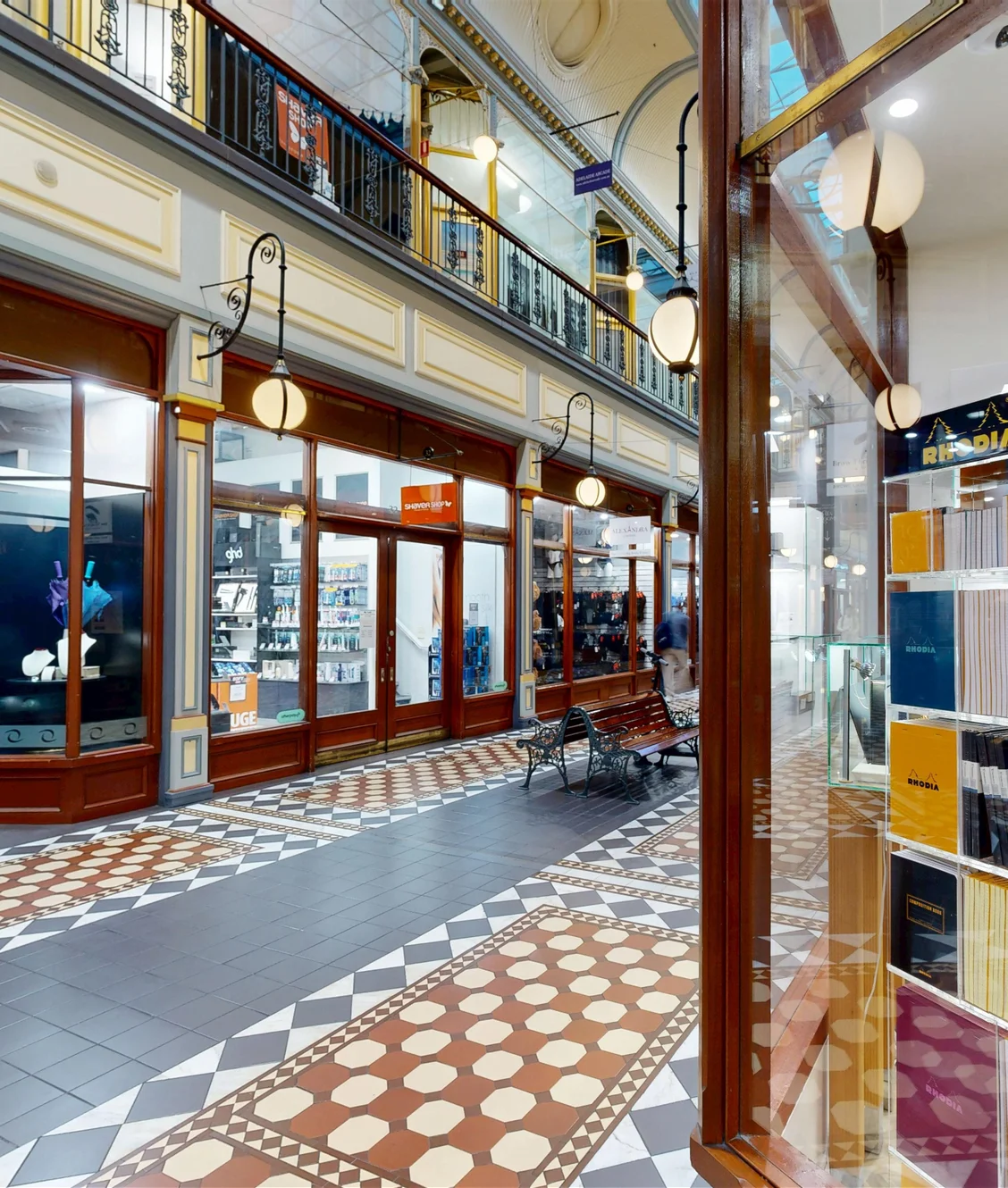 A premium 3D digital twin perspective from inside Pencraft the Boutique looking out into the historic Adelaide Arcade, captured by ABM visual to showcase elite commercial retail spaces.