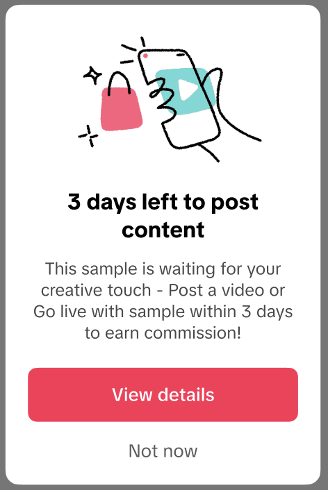 Notification card stating "3 days left to post content" with a reminder to post a video for a campaign.