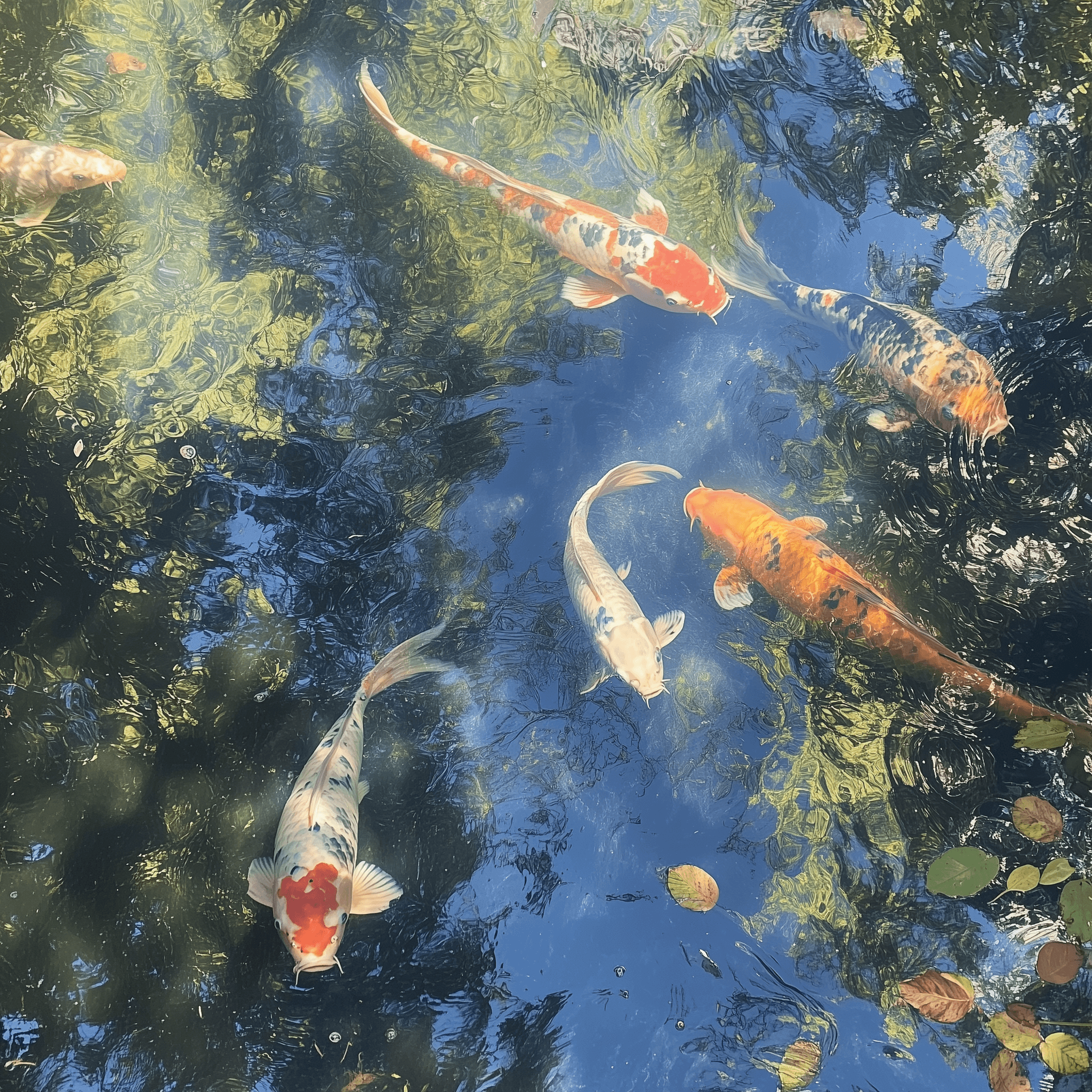 The blue water surface reflects the sky, and several colorful koi fish swim in it. The sunlight shines on them through the ripples of the water, creating beautiful shadows under their bodies. High-angle overhead photography captures the scene with a wide-angle lens, showcasing the bright colors. A few leaves dance in the water as they move, adding vitality to the entire scene.