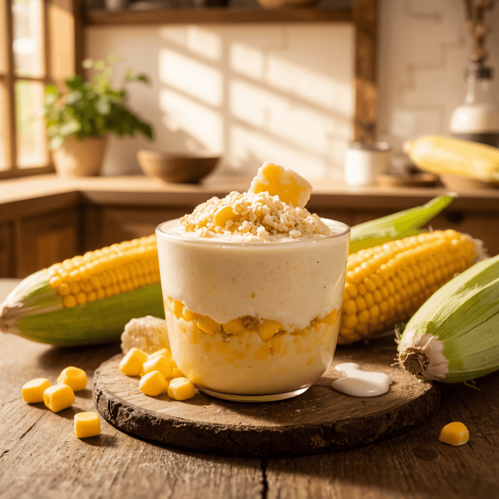 product photography of a cup of corn dessert with cream and crumbled topping