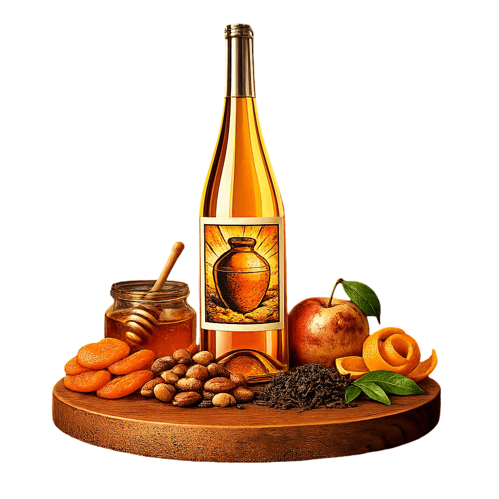 Artistic label and flavor profile for Kakheti Rkatsiteli Qvevri White on a rustic wooden table.