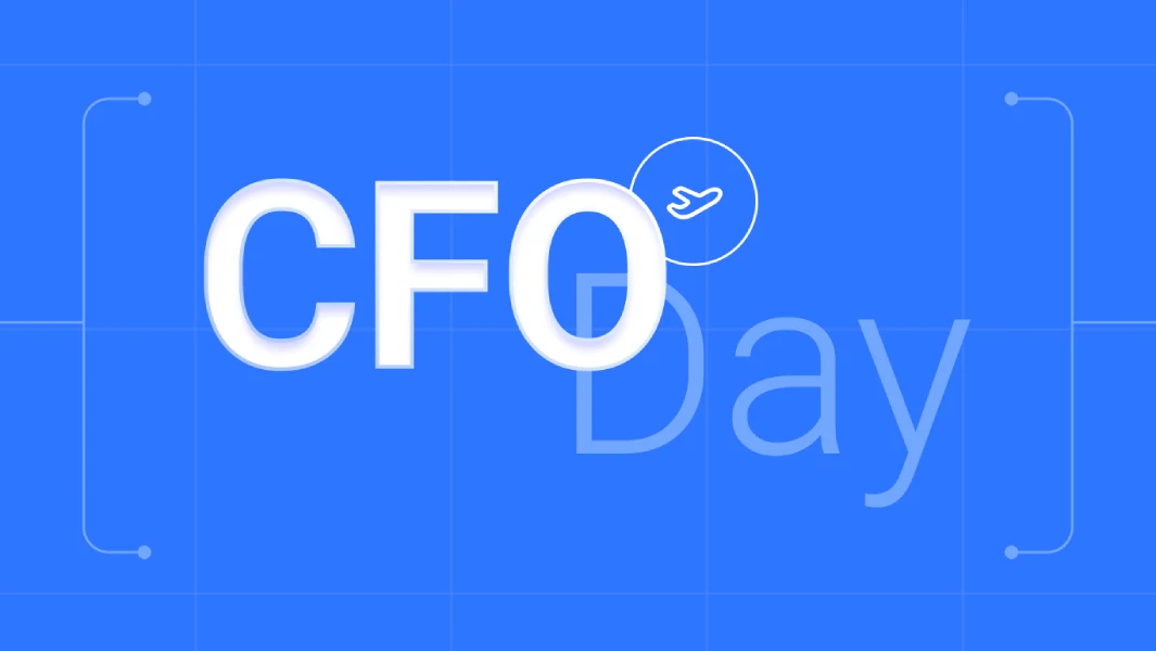 Blue background with "CFO Day" text in white. A small airplane icon is above "Day," suggesting a travel or finance theme. Modern and professional tone.