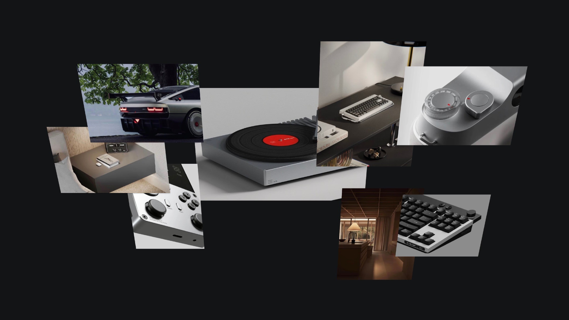 Collage of modern technology and design elements, featuring a sports car, a record player, a vintage typewriter, high-tech game controllers, and an elegant living space