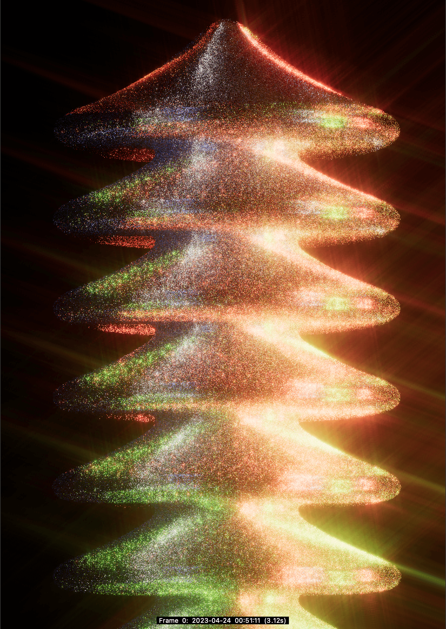 Abstract glowing spiral Christmas tree shape with red, green, and white lights on black background