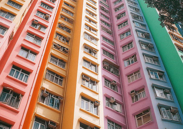 Colorful apartment buildings stacked closely together