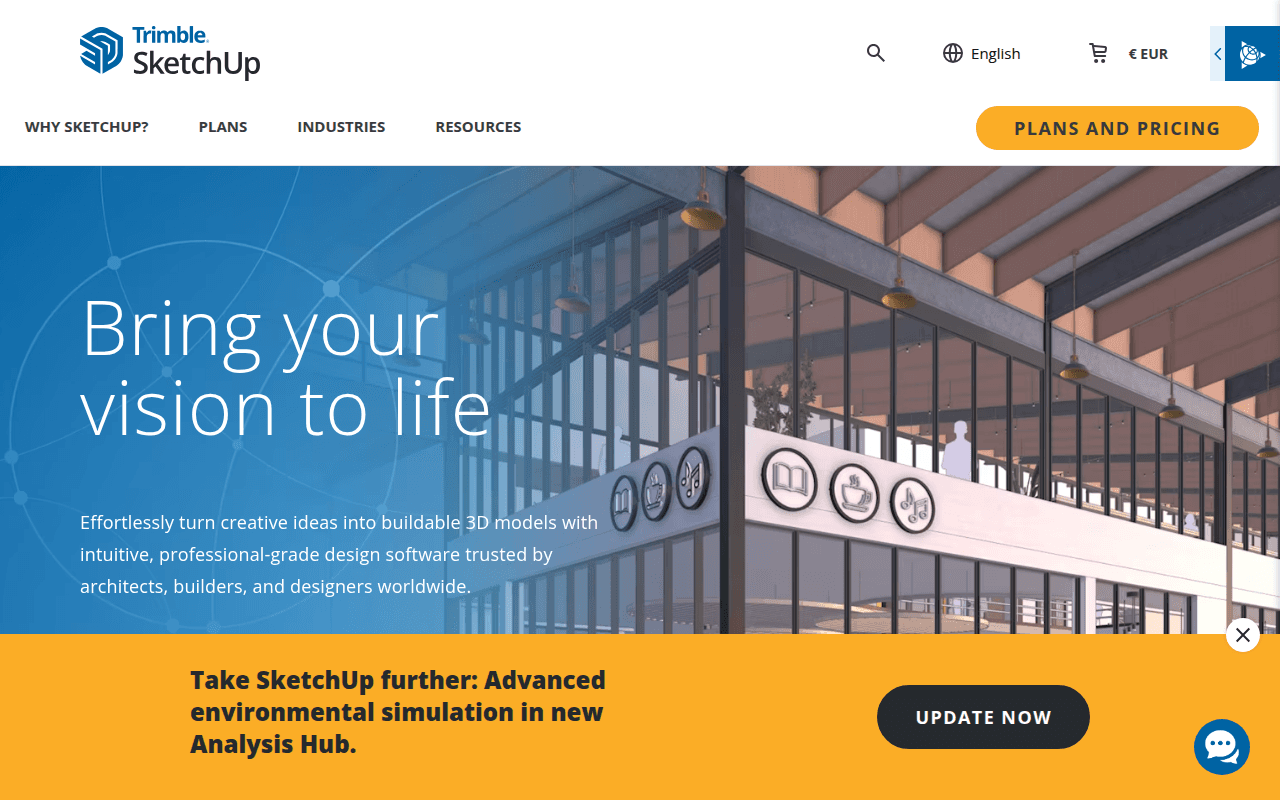 SketchUp homepage screenshot showing architectural 3D modeling software for bringing design ideas to life