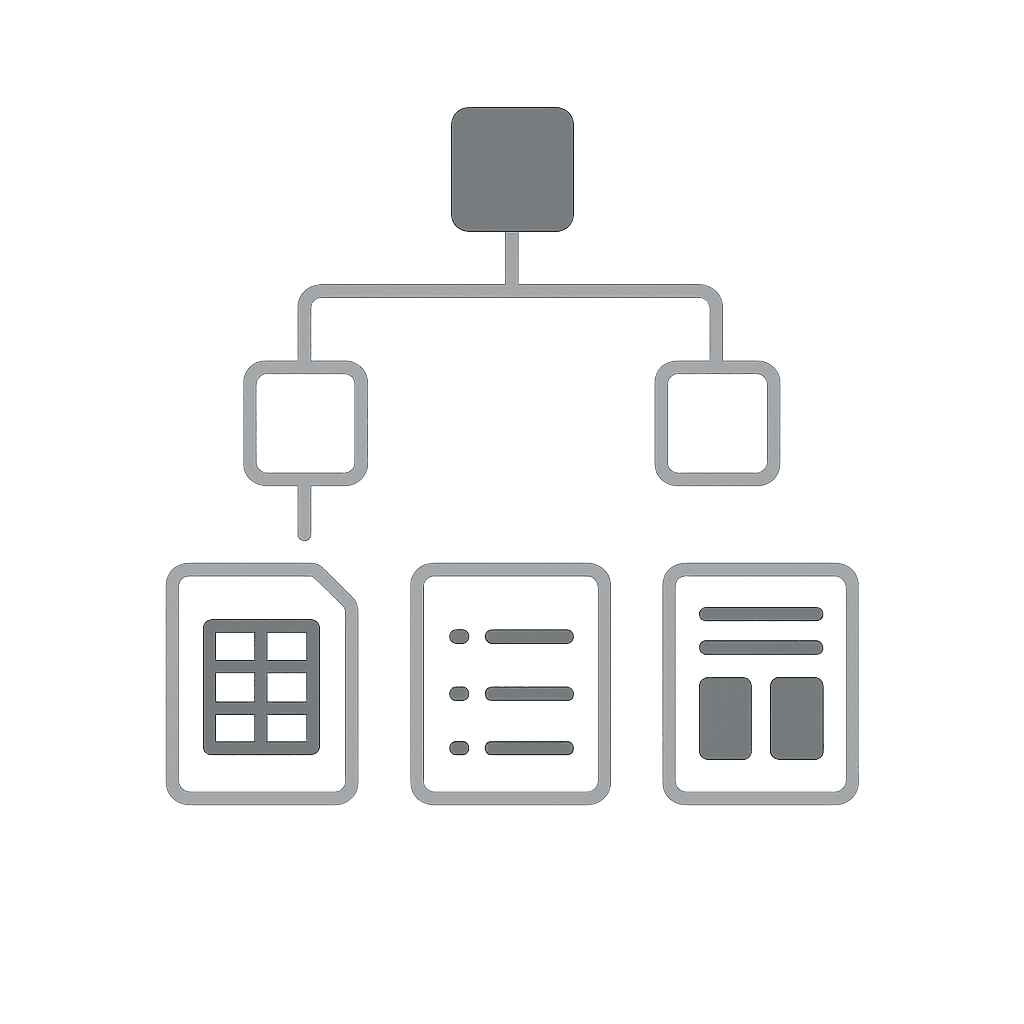 Zentraler Kreis mit „KI“, verbunden mit Icons für Bürogebäude, Fabrik, Monitor und Zahnrad – zeigt KI-Anwendungen in Unternehmen und Industrie.