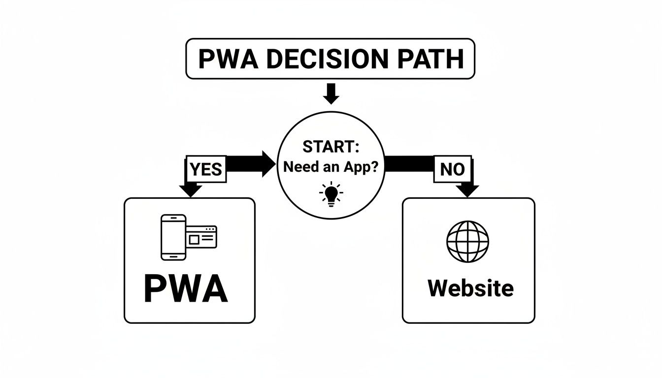 Flowchart illustrating the PWA decision path, guiding users to PWA or Website based on app need.