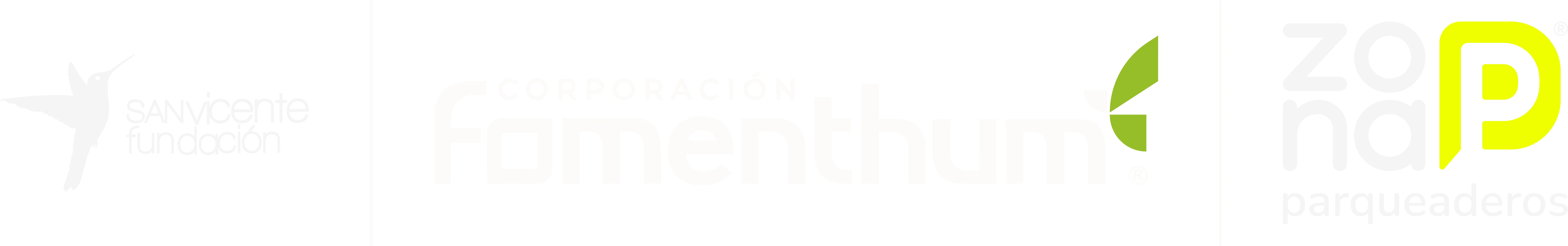 Logos de San Vicente Fundación, Corporación Fomenthum y Zona P sobre fondo negro.